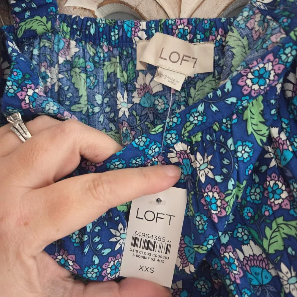LOFT Blue Floral Shirred Flounce Maxi Dress 100% Cotton Sz XXS - Picture 2 of 9
